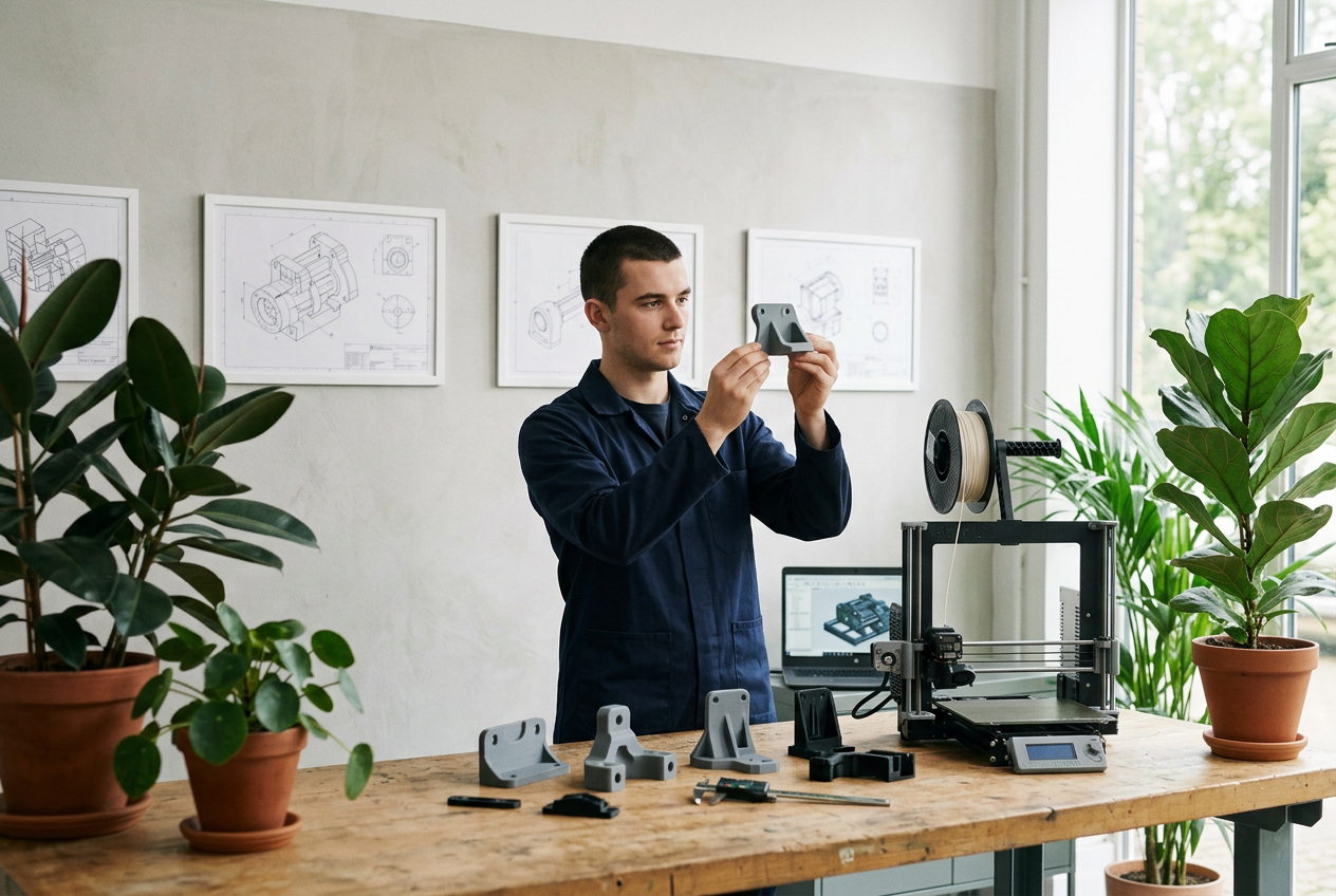An engineer in a navy workshop jacket holds a small grey 3D-printed bracket up to the light, behind a workbench with more printed parts, calipers, a laptop and a desktop 3D printer.