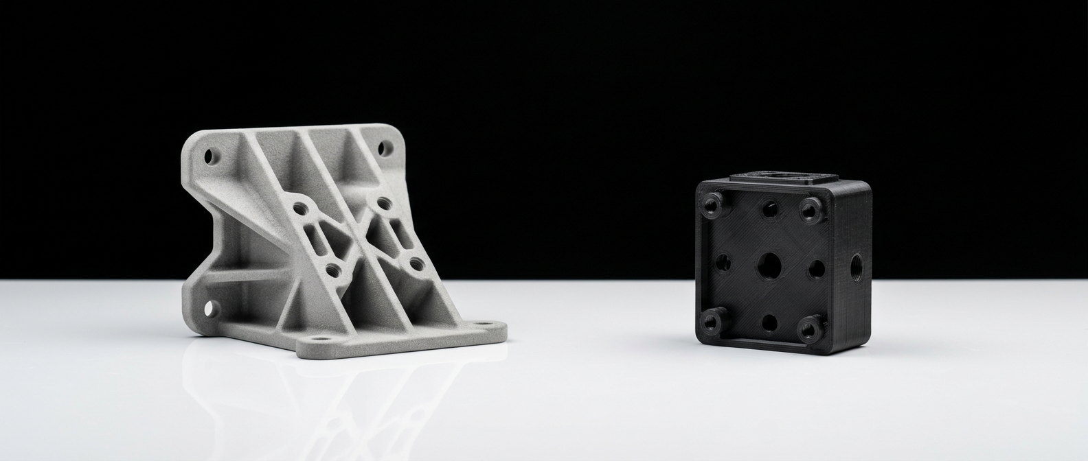 On a black studio backdrop and a glossy white floor, a light-grey ribbed bracket printed in SLS stands beside a smaller black FFF-printed housing with round holes and screw bosses.