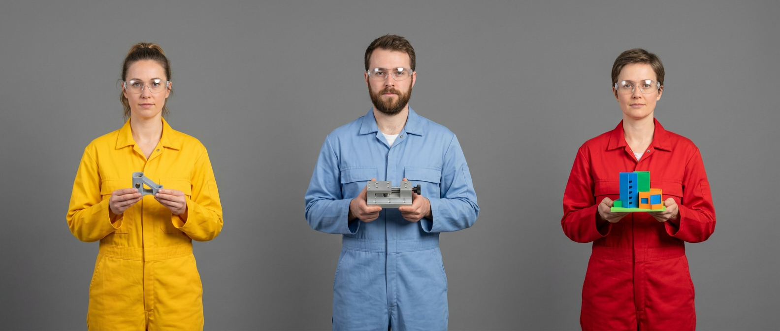 Three people in yellow, blue and red coveralls and clear safety glasses stand against a grey backdrop. One holds a grey printed bracket, one a small machine fixture, one a colourful printed scale model.